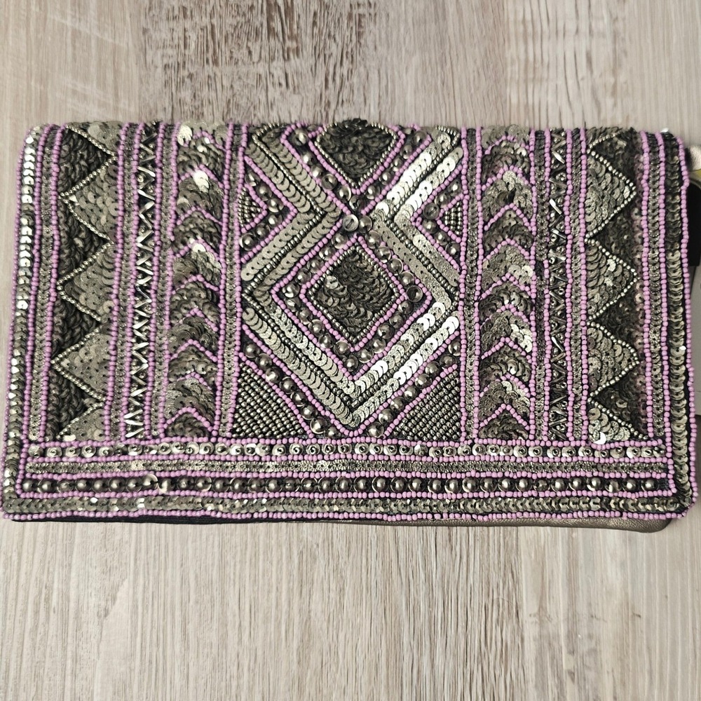 BCBGeneration NWT Beaded Sequin Geometric Foldover Clutch Pewter Pink Art Deco